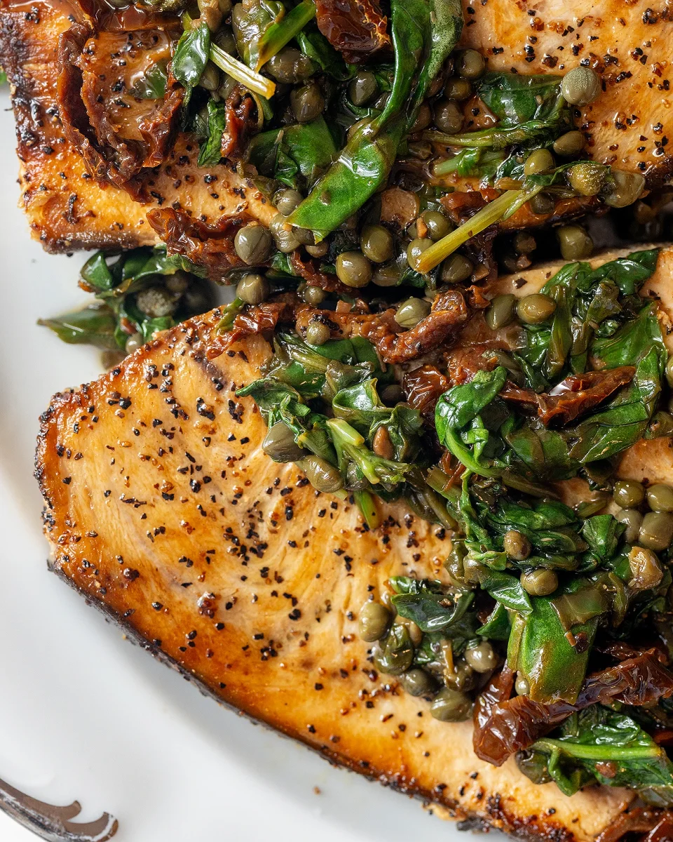 Swordfish with Lemon-Caper Spinach