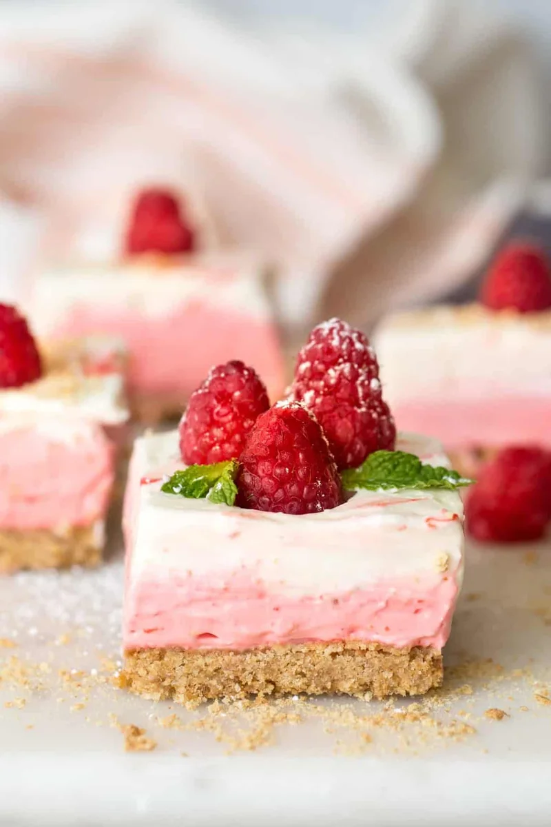 Layered Raspberry No Bake Cheesecake Bars