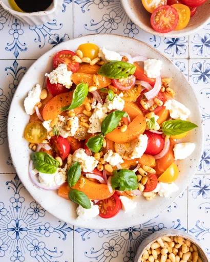 Ensalada de albaricoques, tomates y queso brocciu