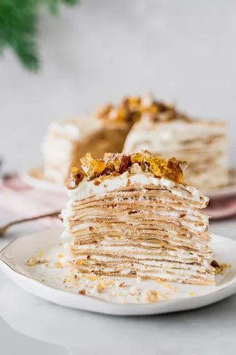 Cream and Almond Praline Crêpe Cake