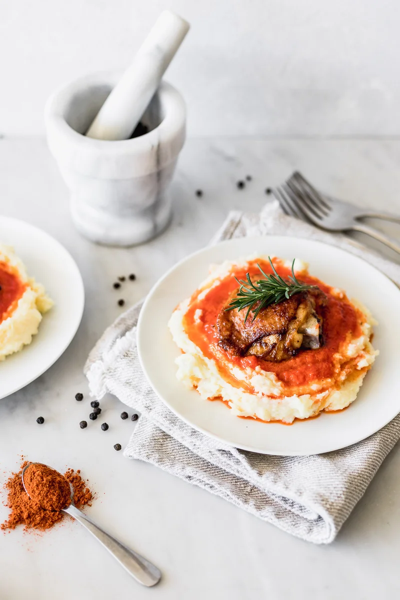 Paprika Chicken with Roasted Pepper Sauce and Mashed Potatoes