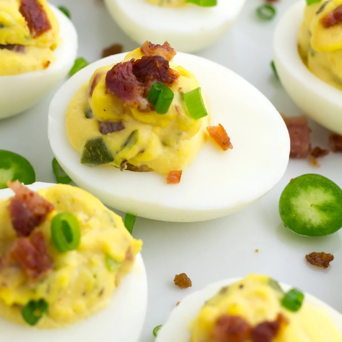 Spicy Jalapeno Deviled Eggs (With Candied Bacon!)