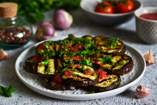 Grilled Eggplant with Cilantro, Tomatoes & Honey Vinegar