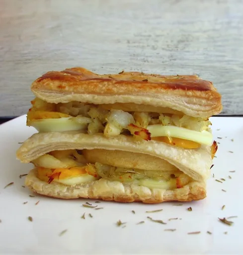 Hojaldres de bacalao, manzana y huevo