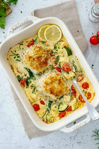Bacalao al horno con salsa cremosa de mostaza