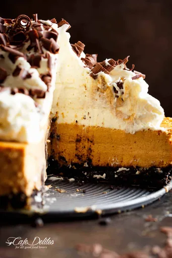 Chocolate Pumpkin Cheesecake (with an optional bourbon whipped cream topping)