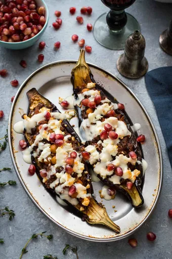Berenjenas rellenas de garbanzos y lentejas