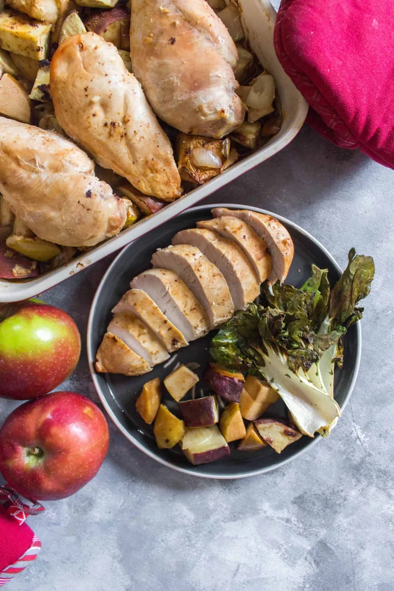 Sweet Miso Apple Chicken with Roasted Bok Choy and Sweet Potatoes