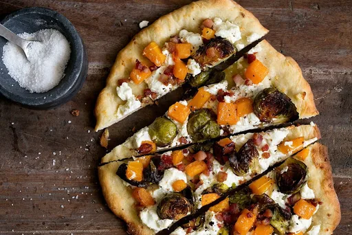 Roasted Butternut Squash & Balsamic Brussels Sprout Flatbread Pizza with Goat Cheese
