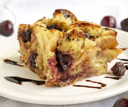 Overnight Cherry Bread Pudding with a Vanilla Balsamic Glaze