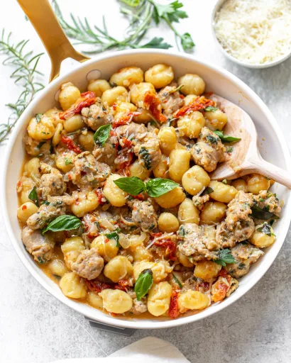 Ñoquis a la Sartén con Salchicha, Tomate y Albahaca