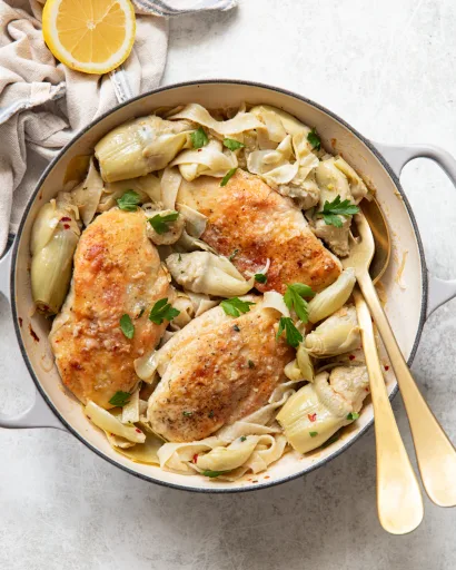 Pollo a la sartén con alcachofas