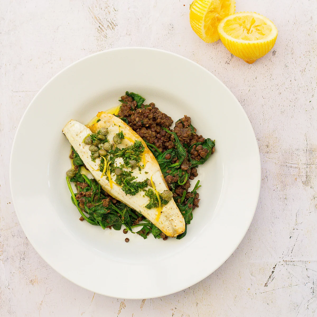 Sea Bass with Puy Lentils and Spinach