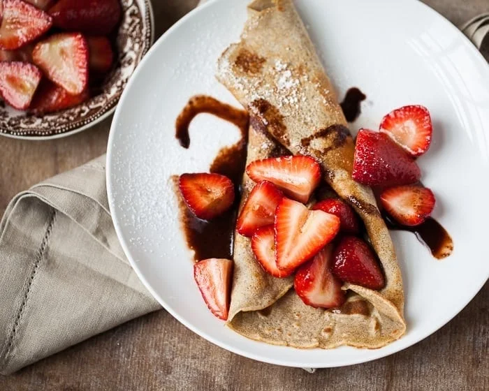 Buckwheat Crepes with Strawberries and Chocolate Sauce