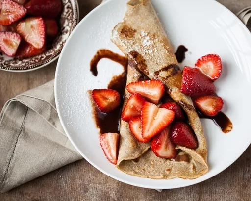 Buckwheat Crepes with Strawberries and Chocolate Sauce