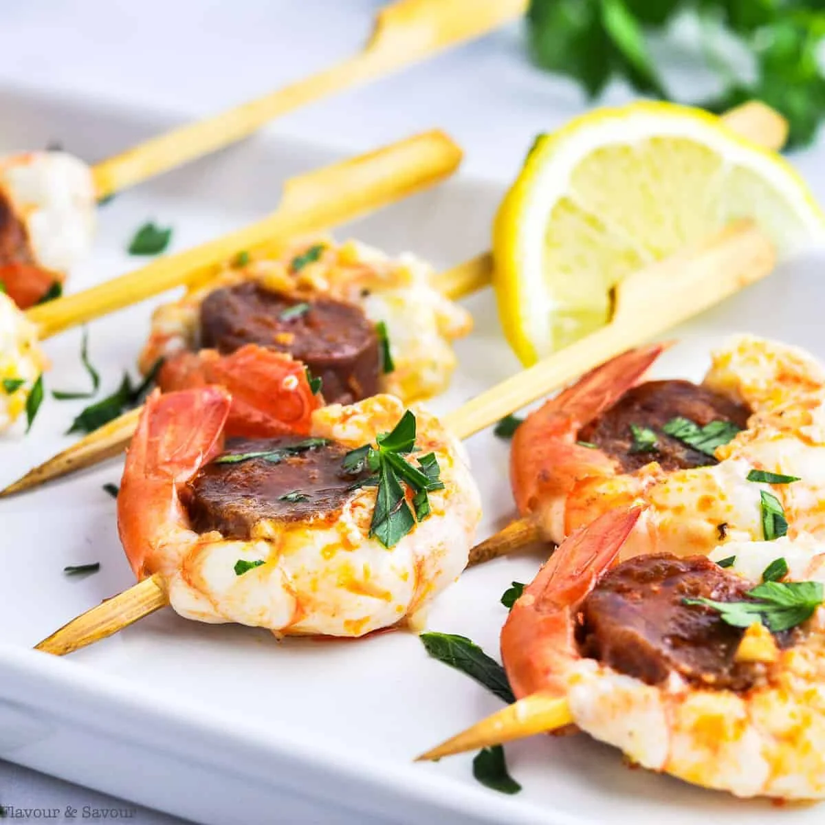 Prawn and Chorizo Skewers with Lemon Dip
