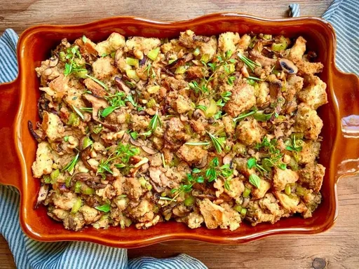 Vegan Sourdough Stuffing with Wild Mushrooms and Walnuts