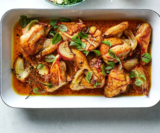 Cider-braised chicken with Brussels sprouts, apple and hazelnuts