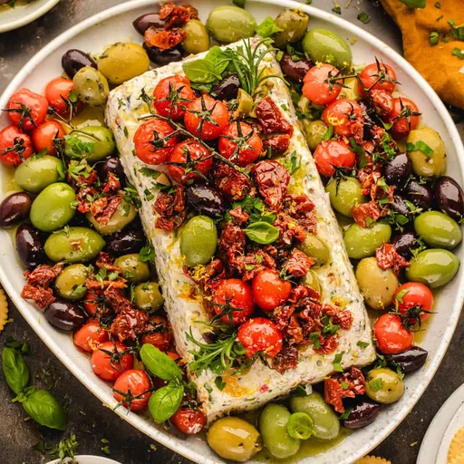 Rollo de queso salado con tomates secos, aceitunas y alcaparras