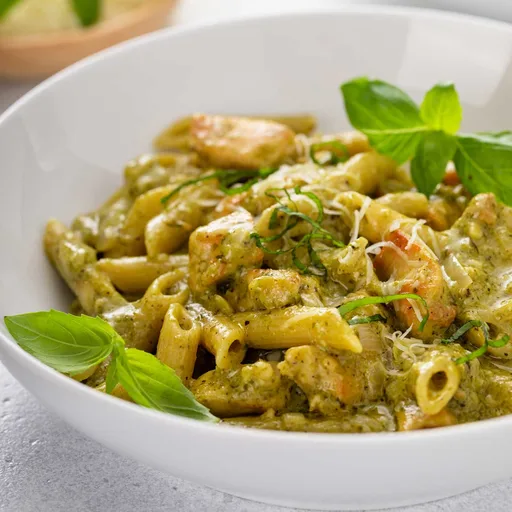 Pasta cremosa con pollo al pesto