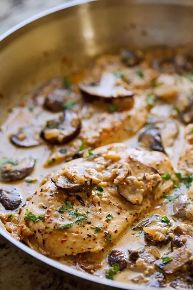 One Skillet Chicken with Garlicky Mushroom Cream Sauce