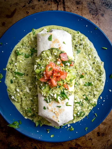Wet Poblano Burrito -- Chicken Burrito With Creamy Poblano Sauce