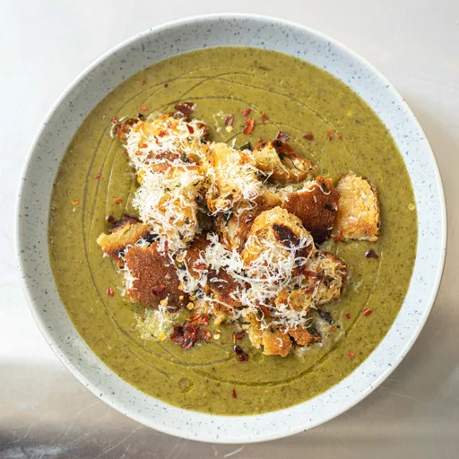 Courgette and Cavolo Nero Soup with Cheesy Garlic Bread Croutons