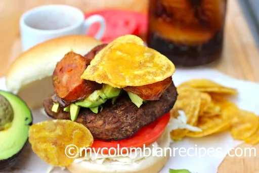Burger with Chorizo, Avocado and Plantain Chips Recipe