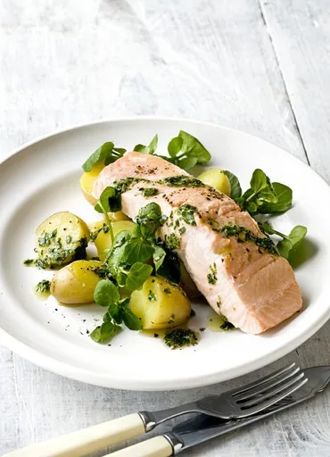 Salmón escalfado con salsa de hierbas verdes y mostaza