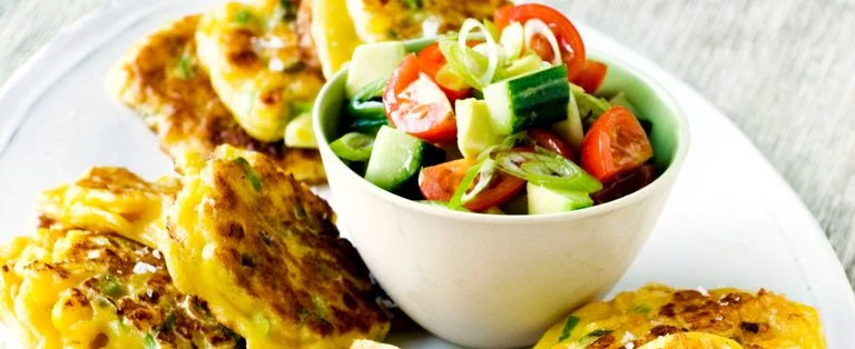 Sweetcorn mini pancakes with avocado salad