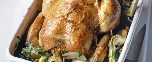 Chicken baked with globe artichokes and lemon