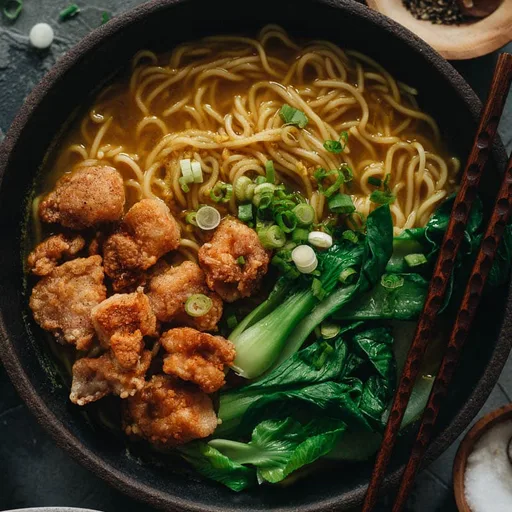 Curry Noodle Soup with Popcorn Chicken