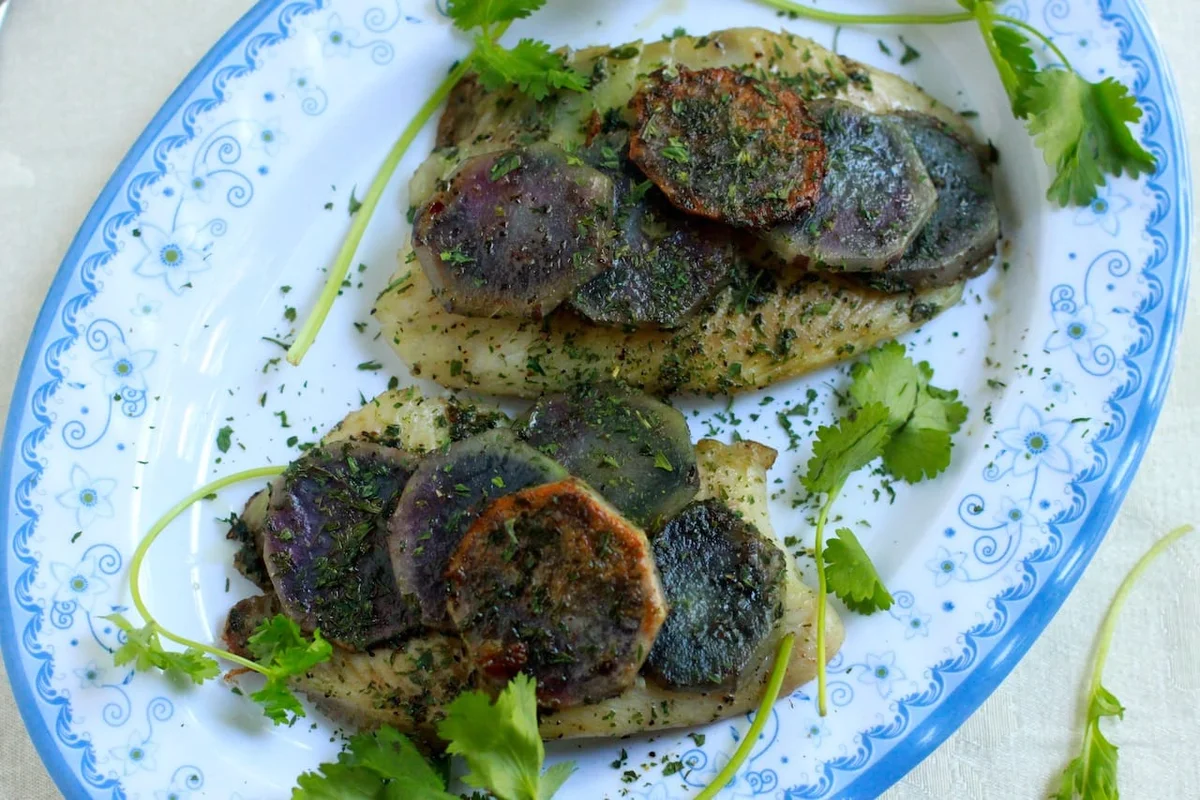 Tilapia with Purple Potatoes and Roasted Broccoli