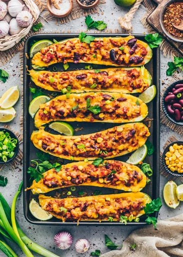 Gefüllte Zucchini-Schiffchen nach mexikanischer Art (Low Carb, Vegan)