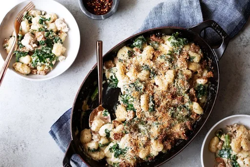Baked Sausage and Kale Gnocchi with Garlic Cream Sauce