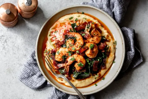 Cajun Shrimp and Cheesy Grits with Bacon-Braised Collard Greens Recipe