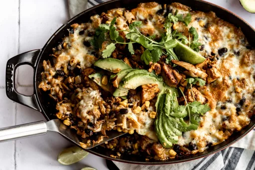 One Pan Cheesy Rice and Bean Bake with Chipotle Adobo Chicken