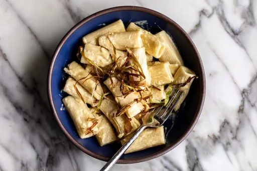Creamy Corn Pasta with Frizzled Leeks and Truffle