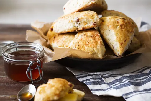 Four Cheese & Sausage Savory Scones with Hot Sauce Honey Glaze