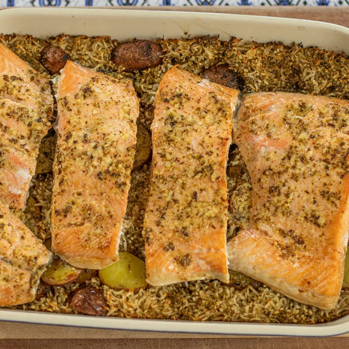 Greek Lemon Salmon, Potato & Rice Bake