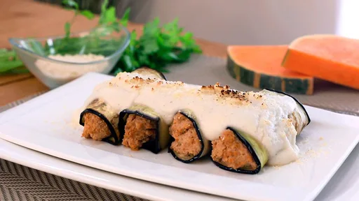Canelones de berenjena, calabaza y setas