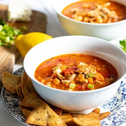 Sopa de tortilla con pollo al estilo griego y pan de pita