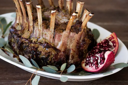 Pistachio Crusted Crown of Lamb with Pomegranate Glaze