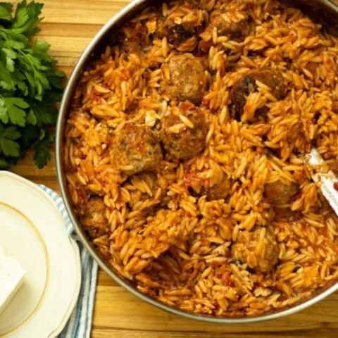 KEFTEDES YOUVETSI: ONE-PAN BAKED MEATBALLS & ORZO