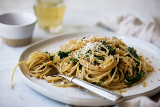 Spaghetti with Rapini, Anchovy & Chili Oil Topped with Lemon Breadcrumbs