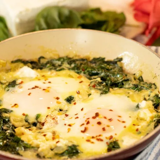 Huevos verdes bajos en carbohidratos sin jamón: espinacas cremosas con feta y huevos