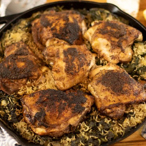 Espinacas y arroz con pollo en una sola sartén: Spanakorizo griego con pollo