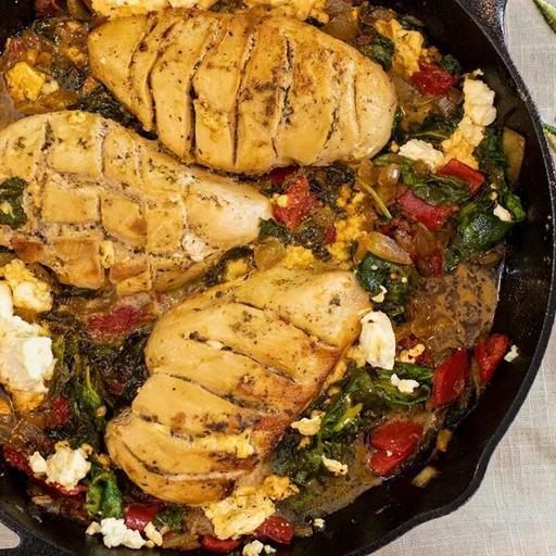 Pollo a la griega en una sola sartén con espinacas y pimientos