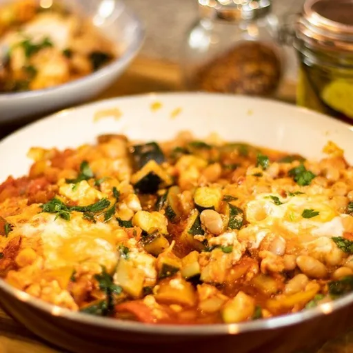 Briam rápido a la sartén con huevos: ratatouille shakshuka