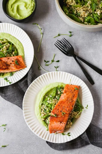 Pan Seared Salmon with Leek Purée and Sorghum Pilaf